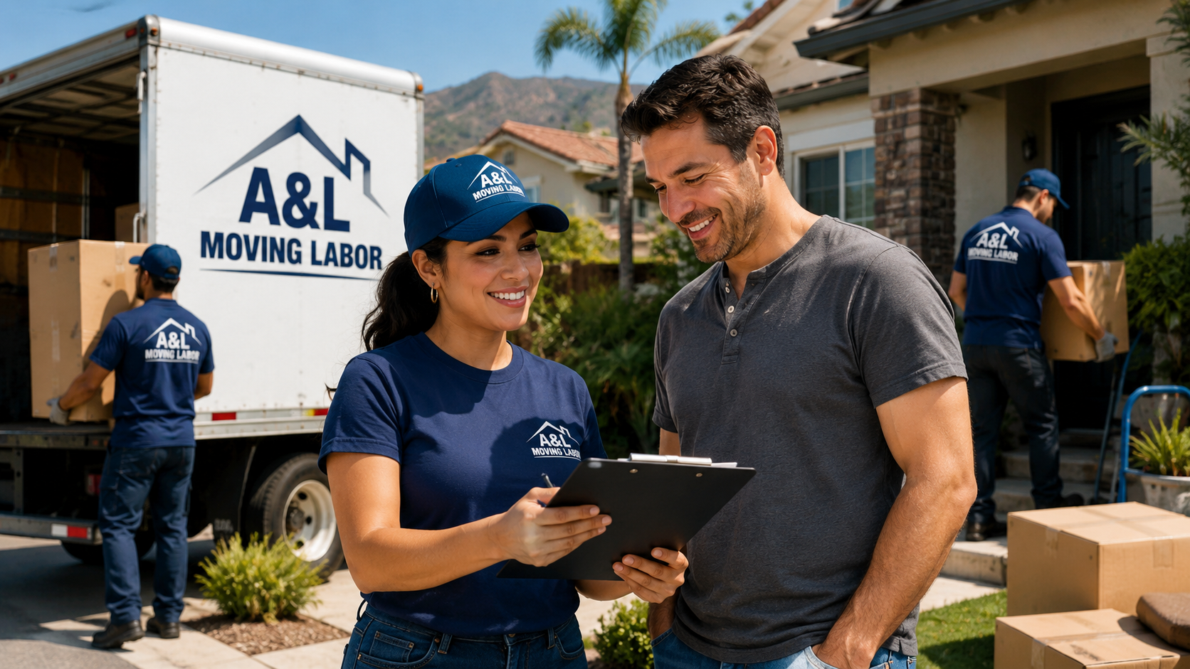 A&L Moving Labor representative with a male customer beside a moving truck and crew