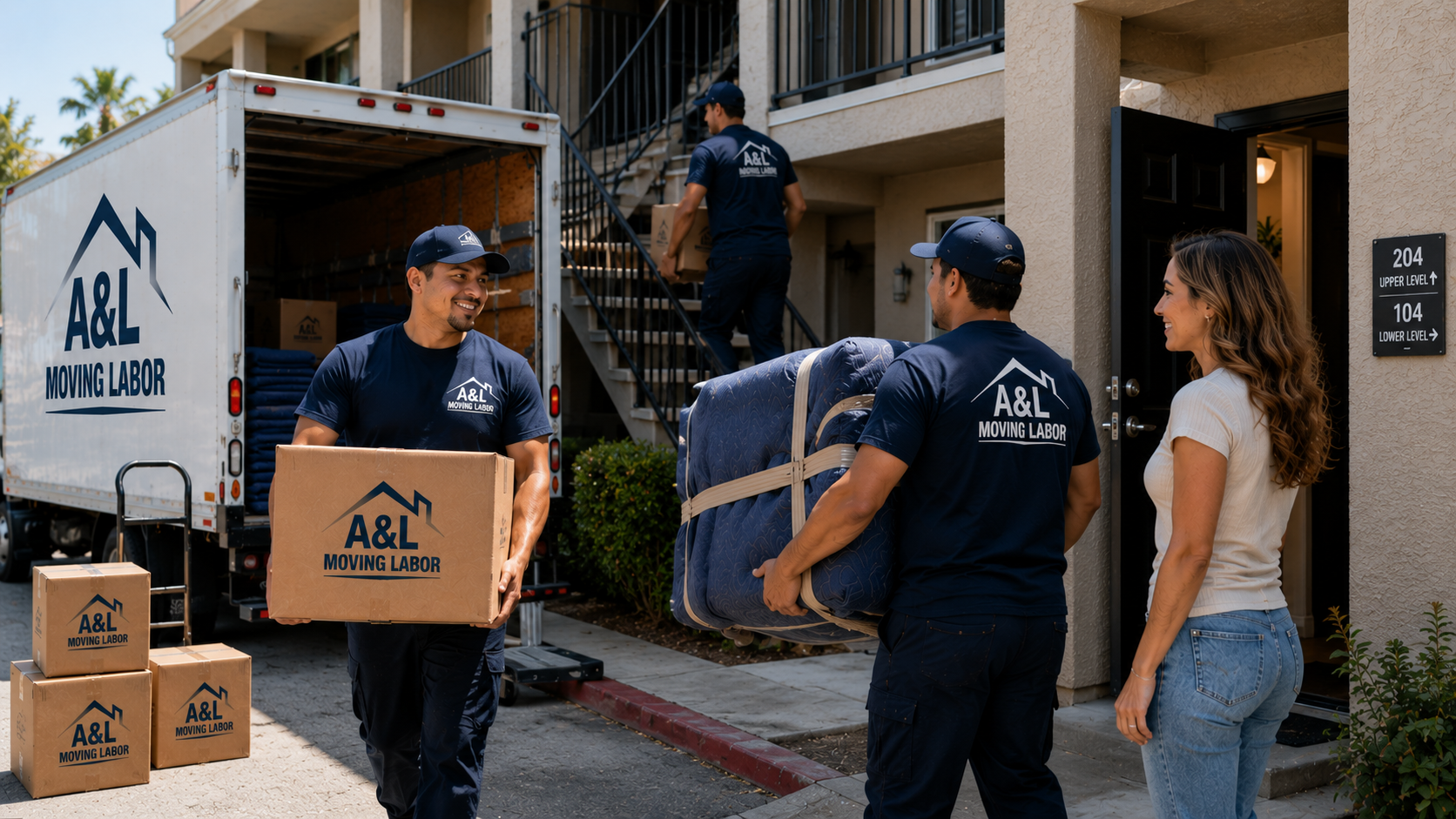 A&L Moving Labor crew carrying boxes and wrapped furniture during an apartment move in Ventura County
