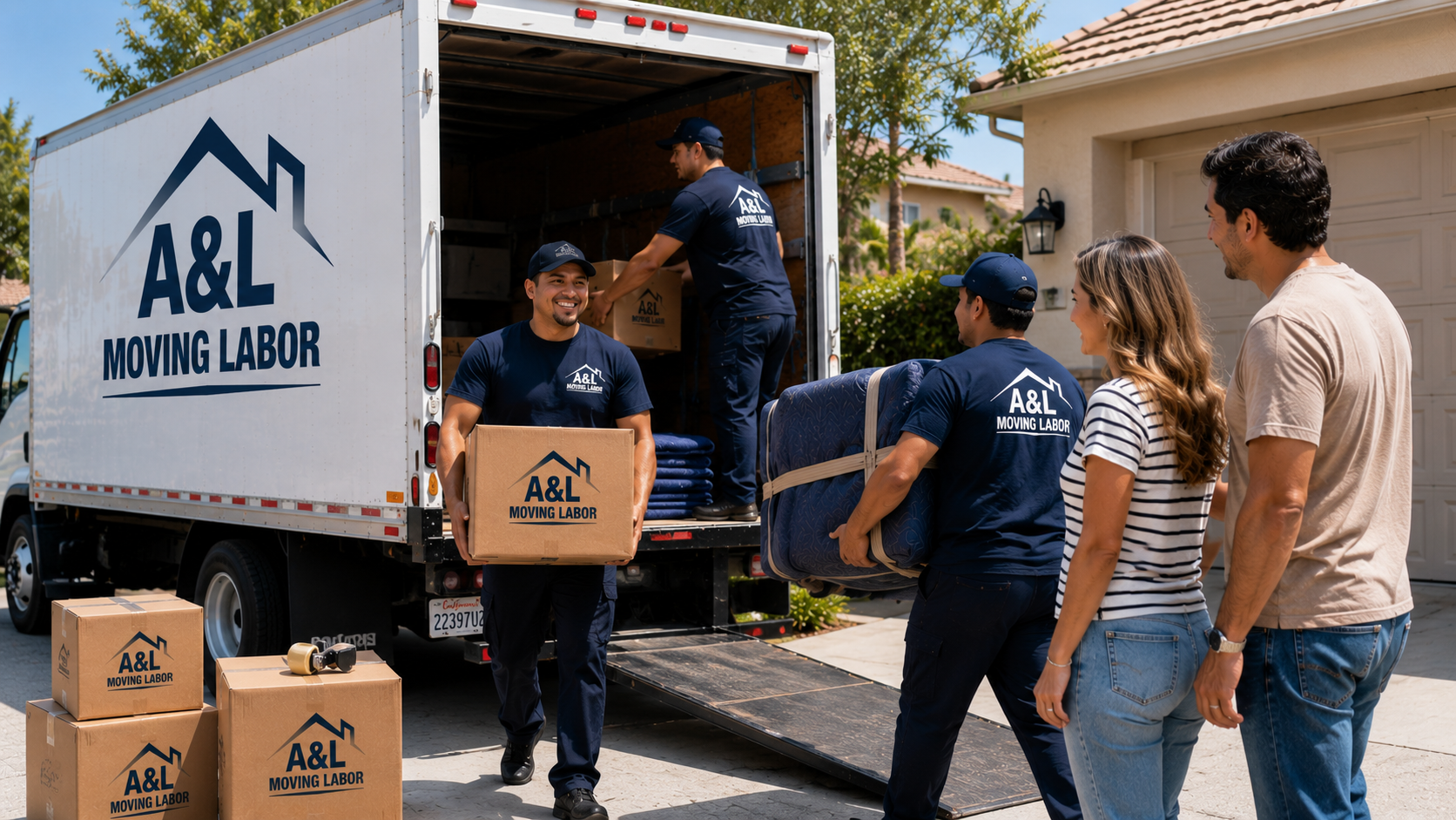A&L Moving Labor crew loading boxes and wrapped furniture into a moving truck in Ventura County