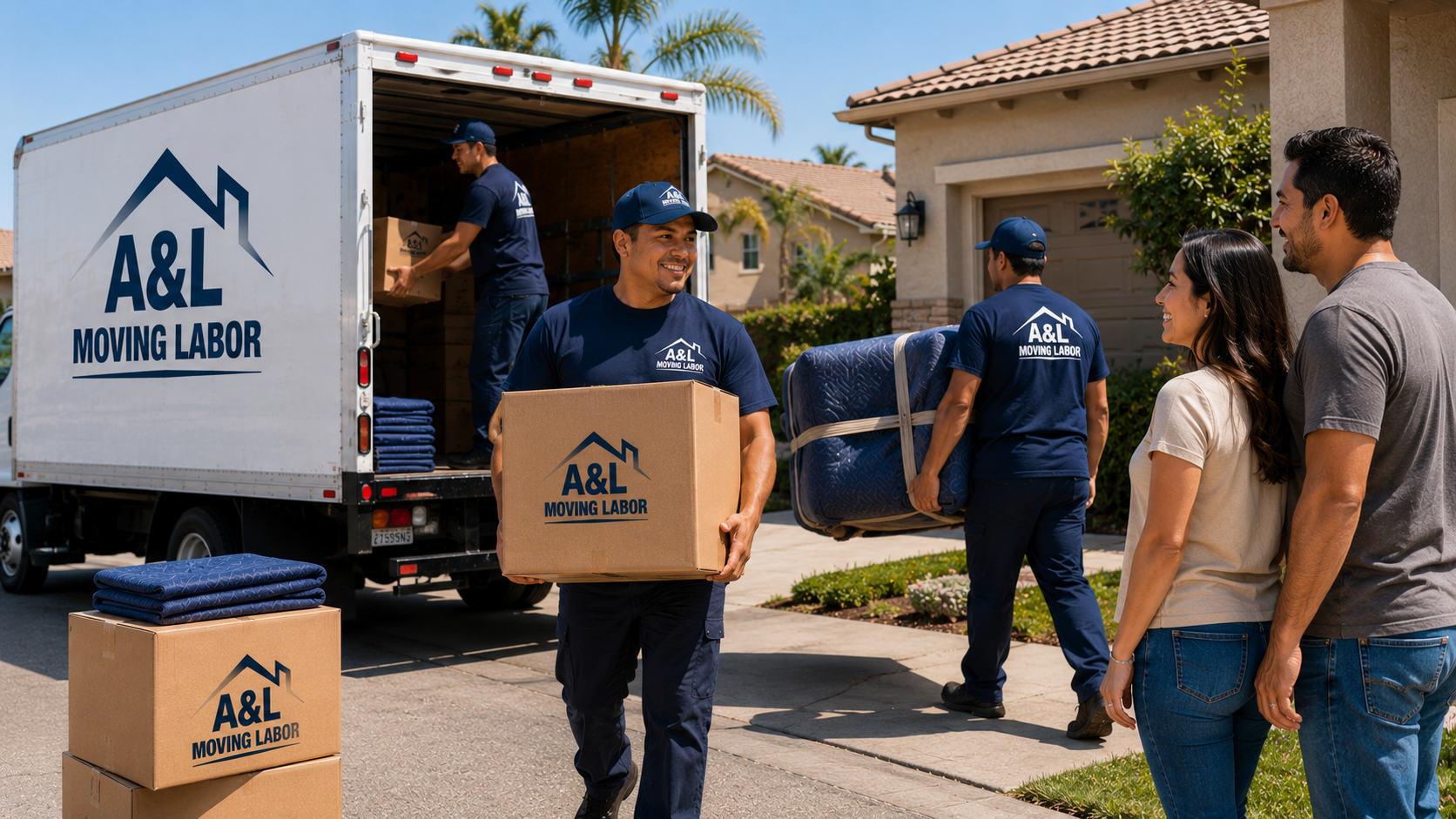 A&L Moving Labor crew unloading boxes and furniture during a local move in Ventura County