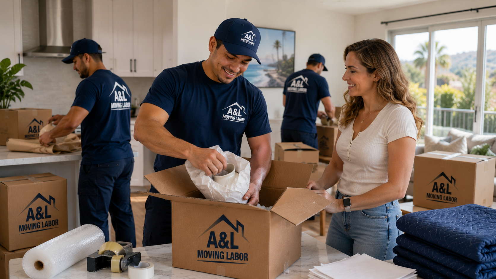A&L Moving Labor crew packing household items for a residential move in Ventura County