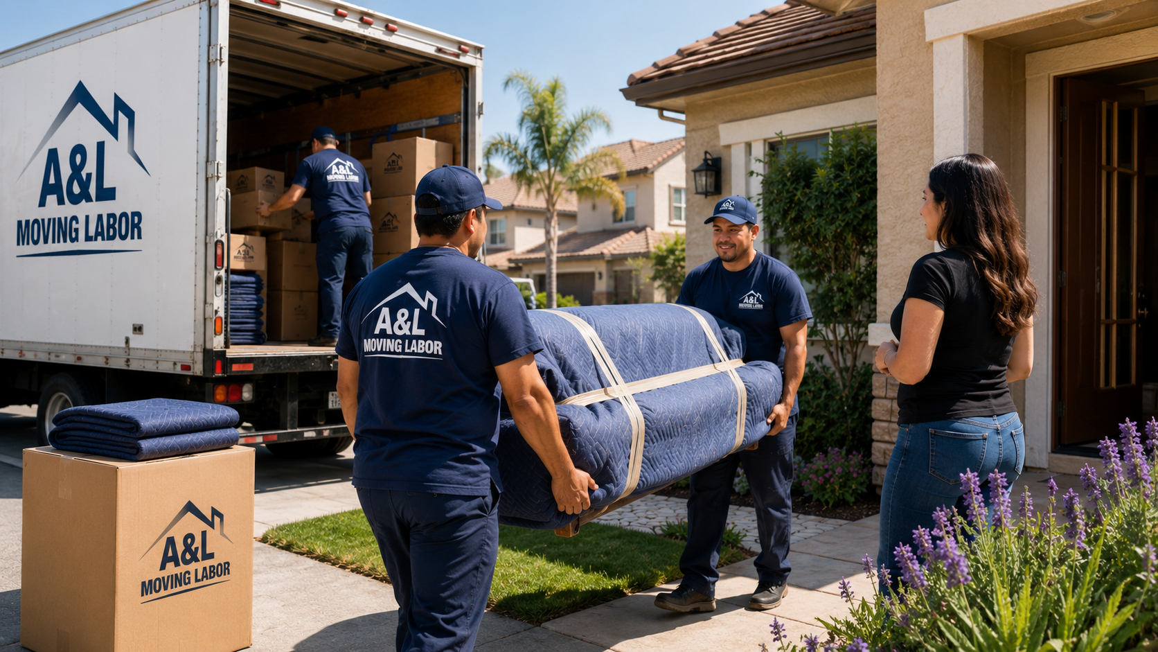 A&L Moving Labor crew carrying wrapped furniture during a residential move in Ventura County